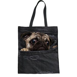 Coloranimal Large Capacity Womens Top Handle Bag Funny Black Denim Animal Pug Dog Printed Linen Tote Purse Portable Pouch