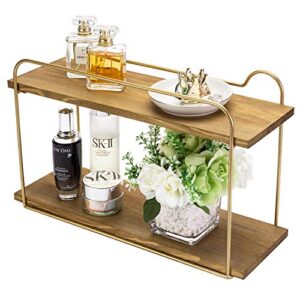 mygift modern 2-tier floating wall shelf, natural brown wood bathroom shelves with vintage brass metal frame