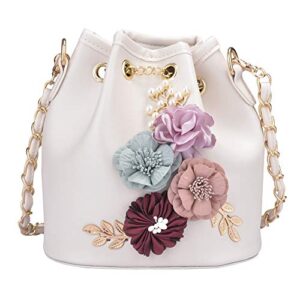 qzunique women’s pu leather flower drawstring bucket bag crossbody bag shoulder bag purse