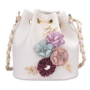 QZUnique Women's PU Leather Flower Drawstring Bucket Bag Crossbody Bag Shoulder Bag Purse