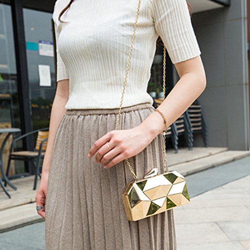 Reberomantic Women Lattice Pattern Metal Handbag Chain Geometric Evening Clutch Purse, Gold