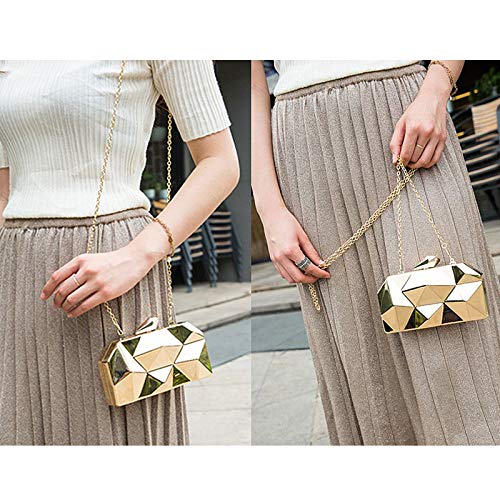 Reberomantic Women Lattice Pattern Metal Handbag Chain Geometric Evening Clutch Purse, Gold