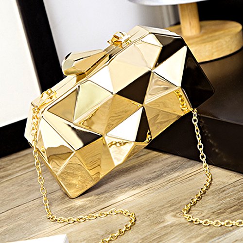 Reberomantic Women Lattice Pattern Metal Handbag Chain Geometric Evening Clutch Purse, Gold