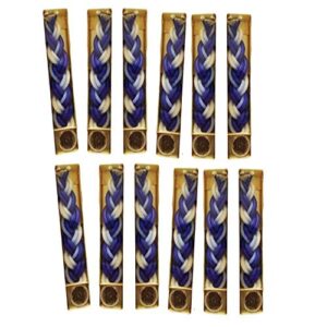 12 havdalah sets of braided blue and white candles with a small container of besomim