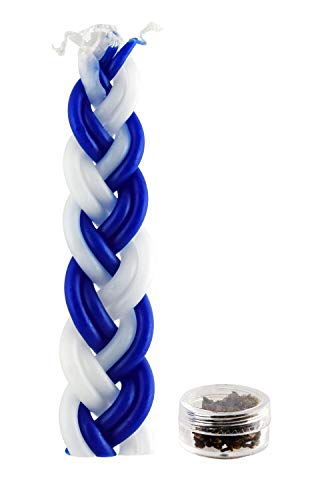 12 Havdalah Sets of Braided Blue and White Candles with a Small Container of Besomim