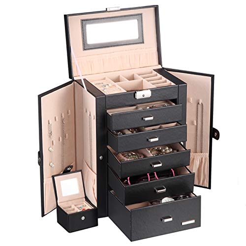 Homde 2 in 1 Huge Jewelry Box/Organizer/Case Faux Leather with Small Travel Case, Gift for Girls or Women (Black)