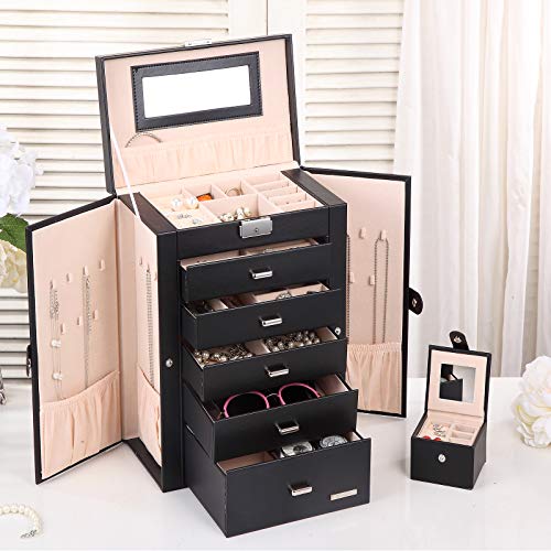 Homde 2 in 1 Huge Jewelry Box/Organizer/Case Faux Leather with Small Travel Case, Gift for Girls or Women (Black)