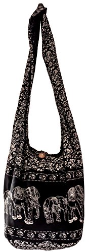 Sling Cross body BAG SHOPPING COTTON over 40 prints owl koi turtle daisy peacock aztec paisley elephant YAM Shoulder BIG (Black ELEPHANT)