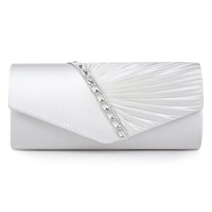 damara womens pleated crystal-studded satin handbag evening clutch,white, large
