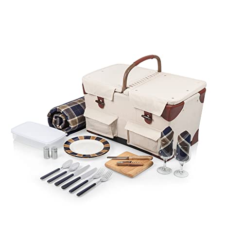 PICNIC TIME Pioneer Deluxe Picnic Basket with Blanket, Original Design Set for 2, Beige Canvas with Navy Blue & Brown Accents