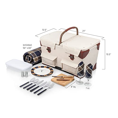 PICNIC TIME Pioneer Deluxe Picnic Basket with Blanket, Original Design Set for 2, Beige Canvas with Navy Blue & Brown Accents