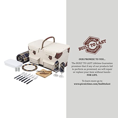 PICNIC TIME Pioneer Deluxe Picnic Basket with Blanket, Original Design Set for 2, Beige Canvas with Navy Blue & Brown Accents