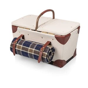 PICNIC TIME Pioneer Deluxe Picnic Basket with Blanket, Original Design Set for 2, Beige Canvas with Navy Blue & Brown Accents