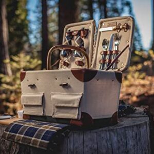 PICNIC TIME Pioneer Deluxe Picnic Basket with Blanket, Original Design Set for 2, Beige Canvas with Navy Blue & Brown Accents