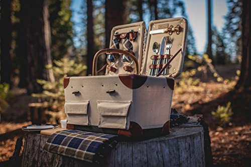 PICNIC TIME Pioneer Deluxe Picnic Basket with Blanket, Original Design Set for 2, Beige Canvas with Navy Blue & Brown Accents