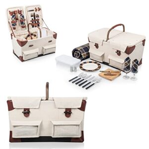 PICNIC TIME Pioneer Deluxe Picnic Basket with Blanket, Original Design Set for 2, Beige Canvas with Navy Blue & Brown Accents