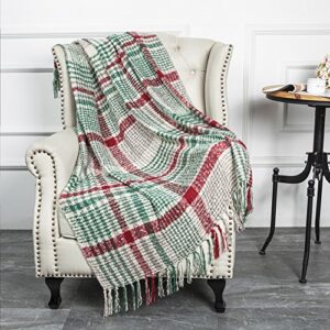 g lake green red plaid blanket throw acrylic soft reversible dyed fringed bed blanket for christmas indoor decorations 50″ w x 67″ l -christmas color