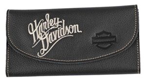 harley-davidson women’s embroidered script tri-fold wallet, black zwl3871-crmblk