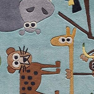 momeni rugs lil’ mo whimsy collection, kids themed hand carved & tufted area rug, 3′ x 5′, multicolor jungle animals on blue