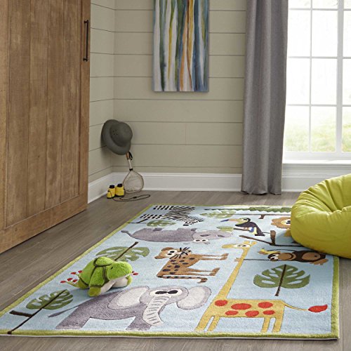 Momeni Rugs Lil' Mo Whimsy Collection, Kids Themed Hand Carved & Tufted Area Rug, 3' x 5', Multicolor Jungle Animals on Blue