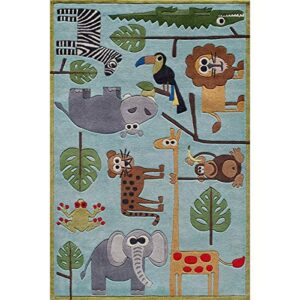 Momeni Rugs Lil' Mo Whimsy Collection, Kids Themed Hand Carved & Tufted Area Rug, 3' x 5', Multicolor Jungle Animals on Blue