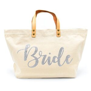 pumpumpz” bride/mrs” bridal tote bag natural white and glittery for wedding gifts. (bride sliver)