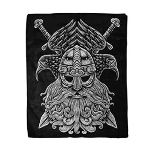 rouihot 60×80 inches flannel throw blanket norse god odin with crows and swords viking warrior engraving style on the black home decorative warm cozy soft blanket for couch sofa bed