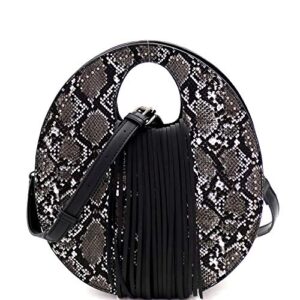 snake print fringed cut-out handle 2-way medium satchel bag purse clutch crossbody (dark silver hardware – black)
