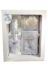 swea pea & lilli white pearl cross baptism candle set kit for christenings with shell – spanish