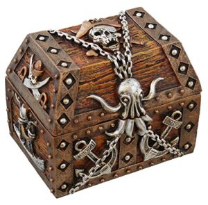 old river outdoors pirate chest octopus/skull & crossbones trinket storage mini jewelry box with anchor, chain, sword and ship accents