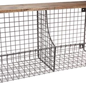 Spectrum Diversified Vintage Double Bin with Wood Storage Wall-Mounted Wire Basket & Wood Shelf, Farmhouse Style Entryway Storage & Organization, Industrial Gray