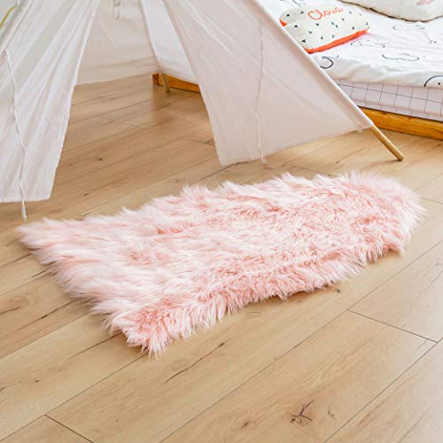 Super Soft Pink Faux Fur Area Rugs, Fuzzy Fluffy Sheepskin Chair Seat Cover, Shaggy Furry Floor Mat, Carpet for Nursery Rugs Living Room Bedroom Bedside, 2 x 3 Feet