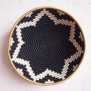 16″ x-large african basket- chwele/rwanda basket/woven bowl/sisal & sweetgrass basket/black, white, tan