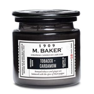 colonial candle tobacco & cardamom scented jar candle, m. baker collection, 2 wick, grey, 14 oz – up to 60 hours burn