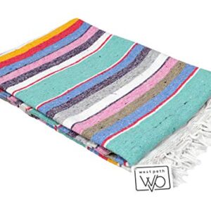 Authentic Mexican Serape Blanket - Multi-color Lightweight Handmade Mexican Saltillo Blanket / Classic Mexican Style Falsa, Stripe Pattern, Throw, Beach Blanket, Tapestry or Yoga Blanket Multi Cotton