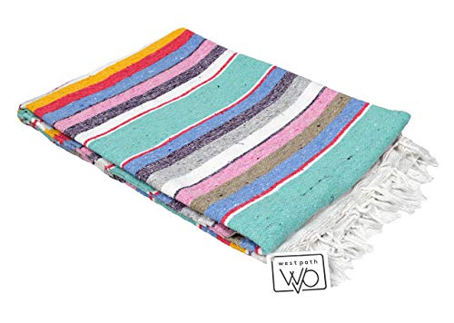 Authentic Mexican Serape Blanket - Multi-color Lightweight Handmade Mexican Saltillo Blanket / Classic Mexican Style Falsa, Stripe Pattern, Throw, Beach Blanket, Tapestry or Yoga Blanket Multi Cotton