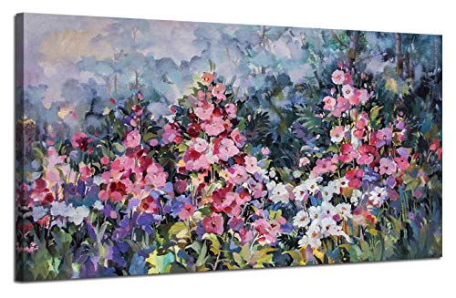 Arjun Flowers Wall Art Pink Elegant Painting Modern Abstract Colorful Floral Landscape Picture Canvas Rustic Wildflowers 48"x24" Large Framed Artwork for Bathroom Living Room Bedroom Home Office Décor