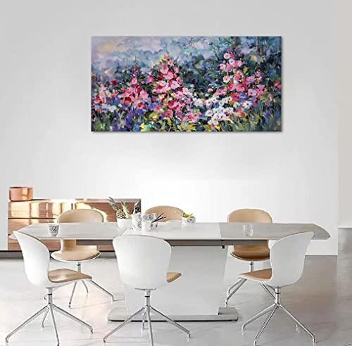 Arjun Flowers Wall Art Pink Elegant Painting Modern Abstract Colorful Floral Landscape Picture Canvas Rustic Wildflowers 48"x24" Large Framed Artwork for Bathroom Living Room Bedroom Home Office Décor