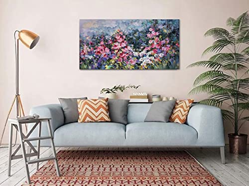 Arjun Flowers Wall Art Pink Elegant Painting Modern Abstract Colorful Floral Landscape Picture Canvas Rustic Wildflowers 48"x24" Large Framed Artwork for Bathroom Living Room Bedroom Home Office Décor