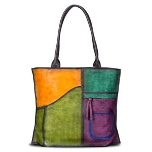 ivtg genuine leather shoulder bag for women vintage handmade real cowhide top handle large capacity tote bag satchel purse (multicolor)