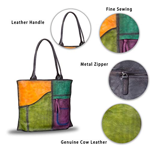 IVTG Genuine Leather Shoulder Bag for Women Vintage Handmade Real Cowhide Top Handle Large Capacity Tote Bag Satchel Purse (Multicolor)