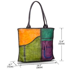 IVTG Genuine Leather Shoulder Bag for Women Vintage Handmade Real Cowhide Top Handle Large Capacity Tote Bag Satchel Purse (Multicolor)