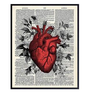 retro floral heart dictionary art print – vintage upcycled wall art poster and home decor for bedroom, bathroom, living room, nurses, doctors office – great gift for goth, steampunk fans – 8×10 photo