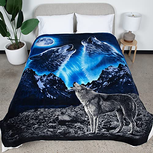 Dawhud Direct II Howling Wolf Fleece Blanket for Bed, 75" x 90" Queen Size Wolf Fleece Throw Blanket for Men, Women, Adults, Teen and Kids - Super Soft Plush Wolf Blanket Throw Native American Decor