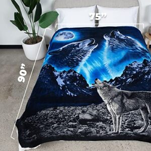 Dawhud Direct II Howling Wolf Fleece Blanket for Bed, 75" x 90" Queen Size Wolf Fleece Throw Blanket for Men, Women, Adults, Teen and Kids - Super Soft Plush Wolf Blanket Throw Native American Decor