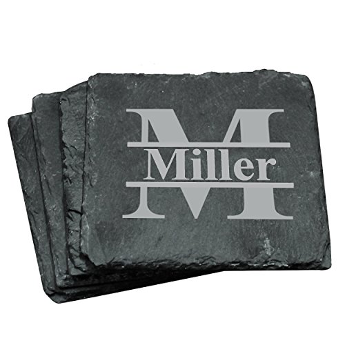 Custom Engraved Slate Stone Drink Coasters Set of 4 - Monogrammed and Personalized (Square)