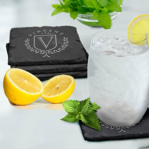 Custom Engraved Slate Stone Drink Coasters Set of 4 - Monogrammed and Personalized (Square)