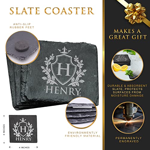 Custom Engraved Slate Stone Drink Coasters Set of 4 - Monogrammed and Personalized (Square)