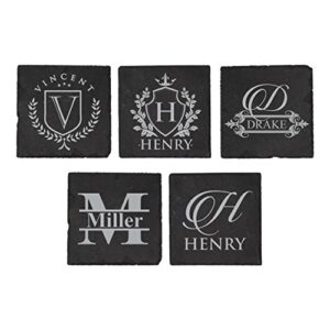 Custom Engraved Slate Stone Drink Coasters Set of 4 - Monogrammed and Personalized (Square)