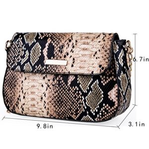 CLARA Women Fashion Snakeskin Pattern Shoulder Bag PU Leather Crossbody Bag Small Satchel Purse Brown